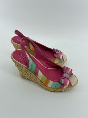 COACH Pink Multicolor Stripe Wedge Sandals